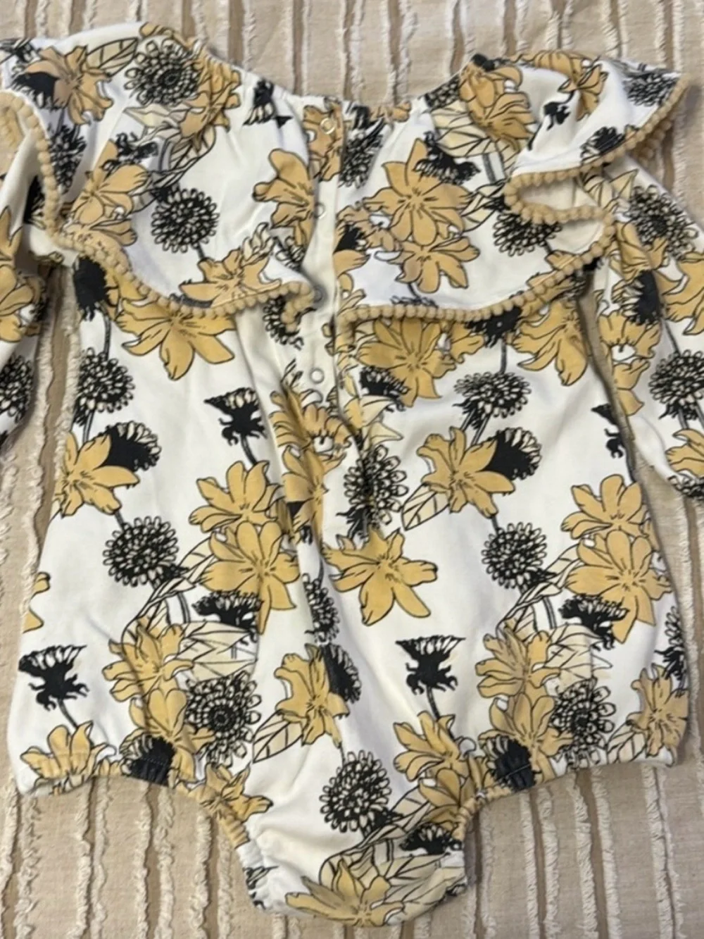 Kate Quinn 2T Floral Ruffle Romper Mustard Black Cream Long Sleeve Bubble EUC